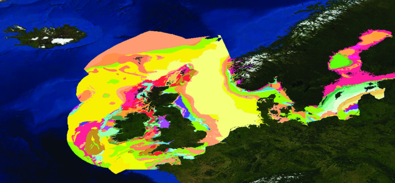 Map shows EMOD net solid seabed geology portal along with accumulation of recent sediments, seafloor geology, and all boundaries and faults represented at scale ranging from 1 to 250,000.