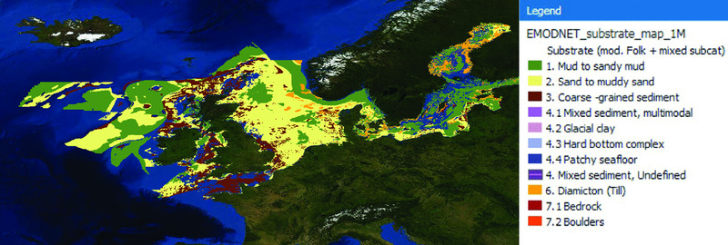 Map shows EMOD seabed sediments representing following factors: mud to sandy mud; sand to muddy sand; coarse-grained sediment; 1 mixed sediment, multimodel; glacial clay; hard bottom complex, et cetera.