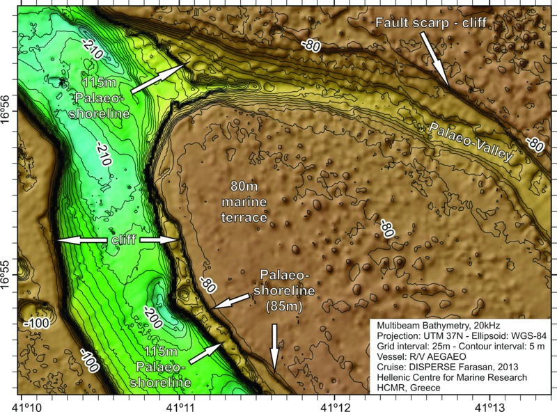 Image shows rugged rock topography with steep cliffs, with following labels 115 m Paleo shoreline, 80m marine terrace, paleo valley, and fault scarp cliff.