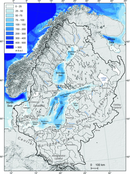 Map shows Baltic Sea catchment area, where Baltic Sea is divided into hydrographical regions and basins and climate conditions are ranged from 0 to > 500, depending upon regions.