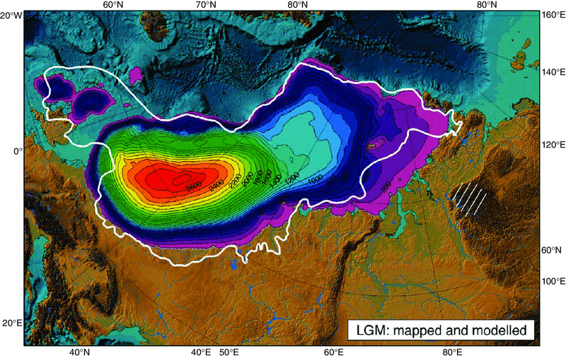 Map shows extend of ice sheets and modelled ice thickness in northern Europe at LGM around 20,000 years ago, where innermost area is with 2600 and outermost area is with 200 thicknesses.