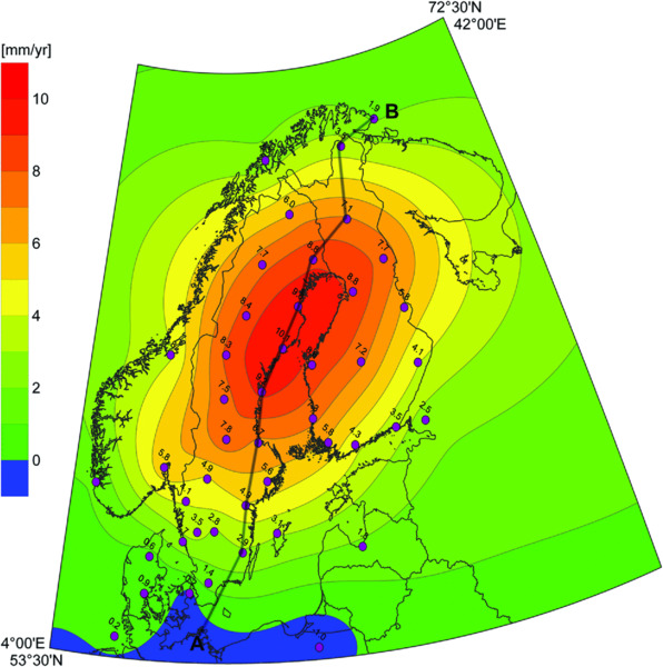 Image shows interpolated surface of present-day crustal uplift rates according to BIFROST GPS network along with scale ranging from 0 to 10 mm/yr at 4°00’E and 53°30’N.