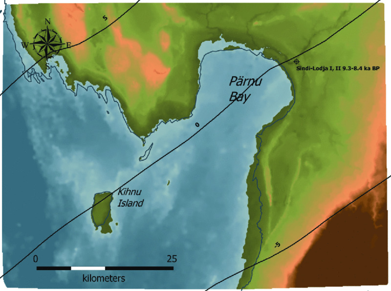 Map shows paleogeographic reconstruction of Littorina Sea shoreline during Mesolithic at 9 ka cal BP, where Kihnu Island is at central of northwest region and Pärnu Bay is at central of northeast region.