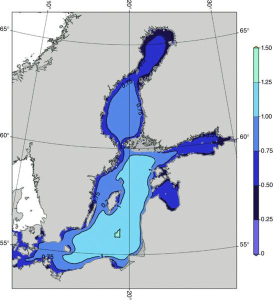 Map shows mean value of significant wave height in Baltic Sea along with scale ranging from 0 to 1.50.