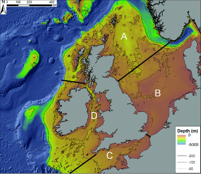 Image shows overview of northwest shelf with bathymetry and subdivision into marginal seas where bathymetry is derived from EMODnet hydrography portal.