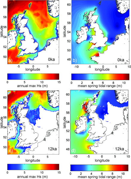 Images show modelled oceanographic conditions on northwest shelf along scale of annual max Hs in m and mean spring tidal range in m on longitude versus latitude.