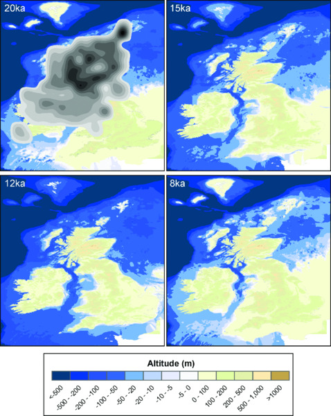 Images show GIA-modelled paleogeographic change at selected intervals of 20ka, 15ka, 12ka, and 8ka along with scale altitude in meters ranging from <-500 to > 1000.