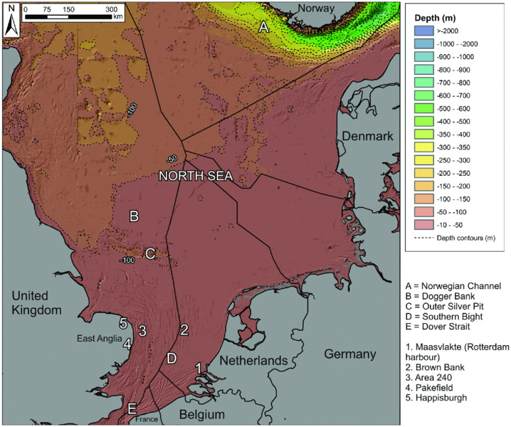 Map shows division of north sea among seven European countries with depth contours in meters ranging from -10 to >-2000, with Dogger bank, Outer Silver Pit, Pakefield, et cetera.