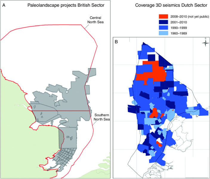 Map shows British sector’s Paleolanscape projects, grey regions in northern sea, and Dutch sector’s 3D seismics coverage, from 1960–1989, 1990–1999, 2001–2010, 2008–2010.