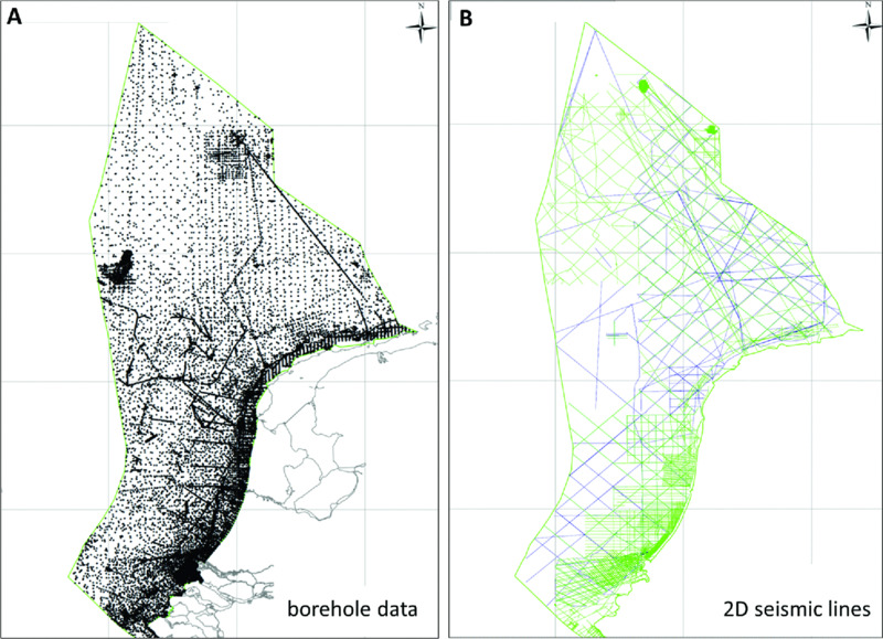 Images show borehole data’s density and 2D seismic line data in Dutch sector for North Sea, where density and 2D seismic lines are high in South region and less in North region.