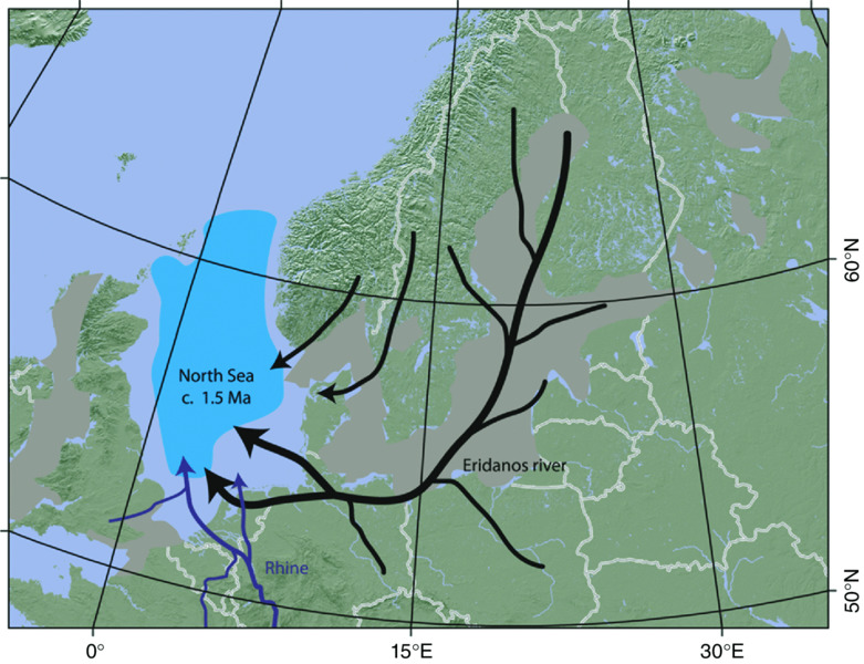 Map shows drainage basin and delta of Miocene–Pliocene–early Pleistocene river system, which also show glacially excavated areas occupied by seas like North Sea c. 1.5 Ma in southeast region.