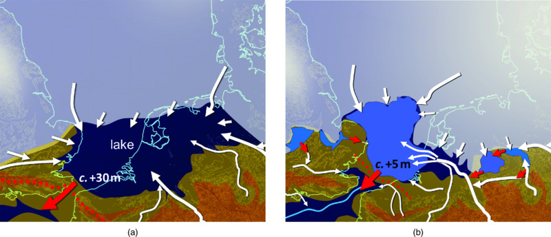 Images show proglacial lake extends in southern North Sea within MIS 12 and 6, where a: c. +30 m and b: c. 5 m.