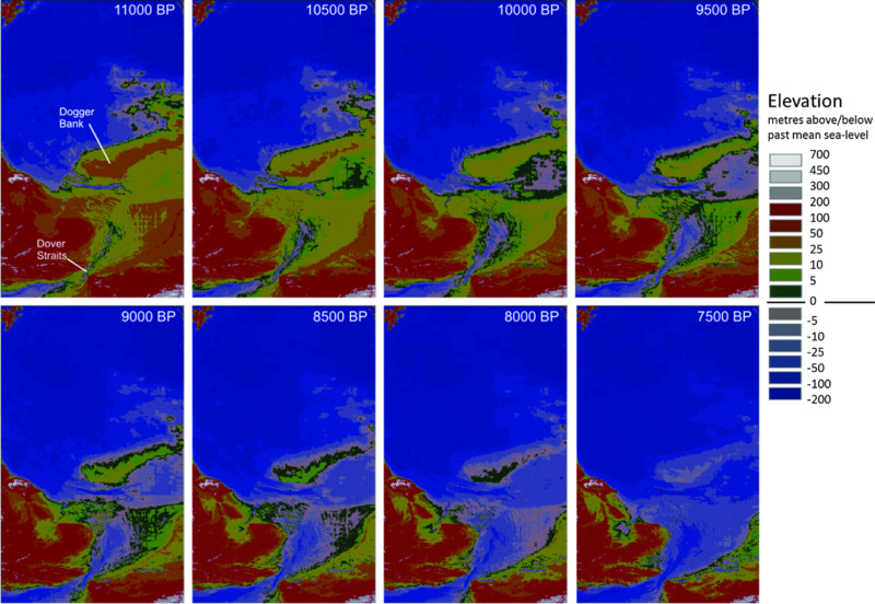 Images show GIA-modelled transgression of North Sea during early Holocene, where images have Dogger bank and Dover straits with 11000 BP, 10500 BP, 10000 BP, 9500 BP, 9000 BP, 8500 BP, 8000 BP, and 7500 BP.