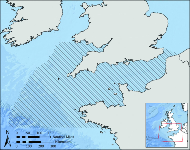 Map shows areas subject to study where nautical miles are from 0 to 150 and kilometres are from 0 to 300.