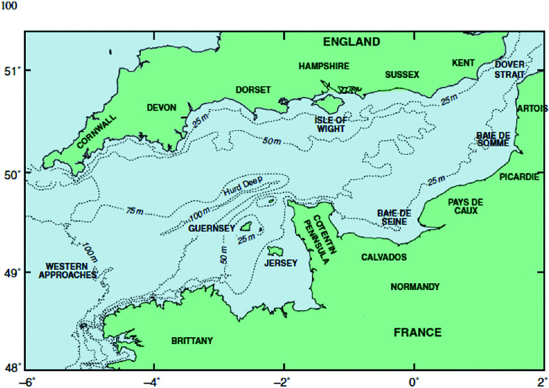 Map shows bathymetric contours in La Manche and Western approaches, where Isle of Wight is at North central region, western approaches are seen in east region, Jersey is at south, et cetera.