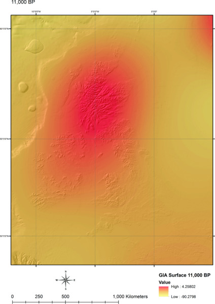 Image shows GIA model at 11,000 BP superimposed on map of British Isles, where superimposition is seen in north central region.