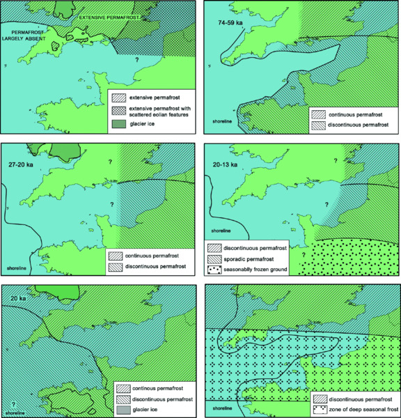 Maps show various reconstructions of permafrost distribution during Devensian/Weichselian, with indications like permafrost is largely absent, 74–59 ka: continuous permafrost, 27–20 ka: discontinuous permafrost, et cetera.