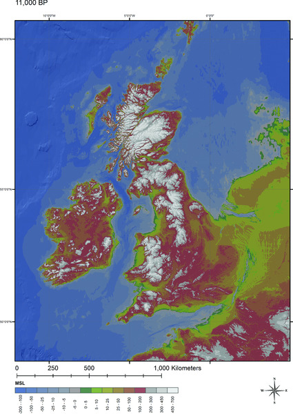 Map shows paleogeographic reconstructions from 11,000 BP over kilometre scale ranging from 0 to 1,000 and MSL scale ranging from -200 to 700.