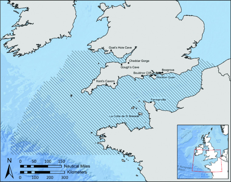 Map shows distribution of Paleolithic and Mesolithic sites, where Gough’s cave is in North central region, La Cotte de St. Brelade is at South central region, Wootton Quarr is at west central region, et cetera.