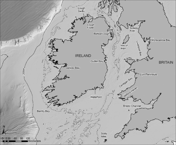 Map shows overview of Irish Sea and Atlantic Margin study with following key-place names Dublin Bay at central region, Bantry Bay at Southeast region, Llyn peninsula at Britain in west region, et cetera.