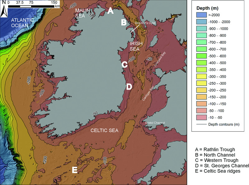 Map shows bathymetry within Irish Sea and Atlantic Margin with depth contours ranging from -10 to >-2000, where Rathlin Trough is at north region, below that is north channel, western trough is at northwest central, et cetera.