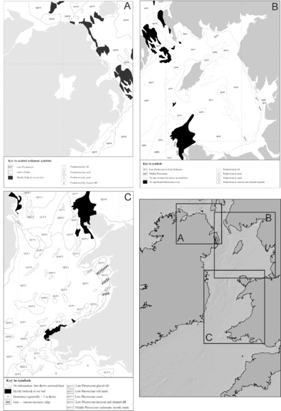 Images show Quaternary seabed sediment distribution in Irish Sea, where following parameters are depicted late Pleistocene, limit of data, mostly bedrock at sea bed, predominantly mud, sand, et cetera.