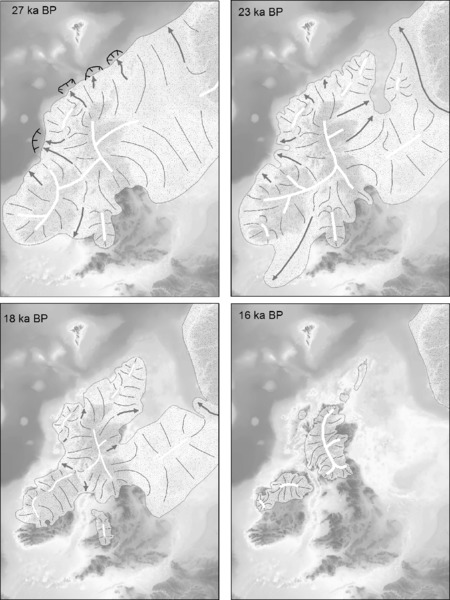 Images show retreat of British–Irish ice sheet at certain time steps at 27 ka BP, 23 ka BP, 18 ka BP, and 16 ka BP, which covers LGM and postglacial areas.