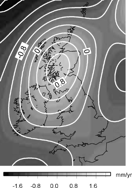 Image shows present-day isostatic uplift of British Isles, where innermost region has 0.8 m and next region has 0 m and outermost area has -0.8 m.