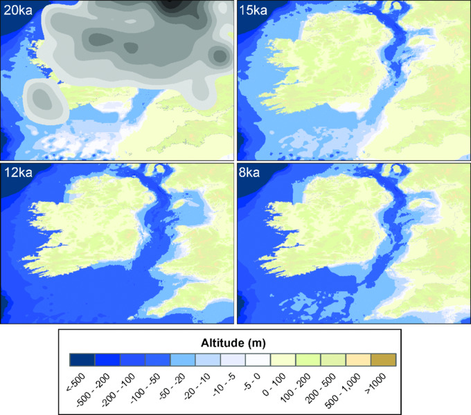 Images show paleogeographic change across area based on GIA-modeled RSL change, with time difference of 20 ka, 15 ka, 12 ka, and 8 ka over altitude scale ranging from <-500 to >1000.