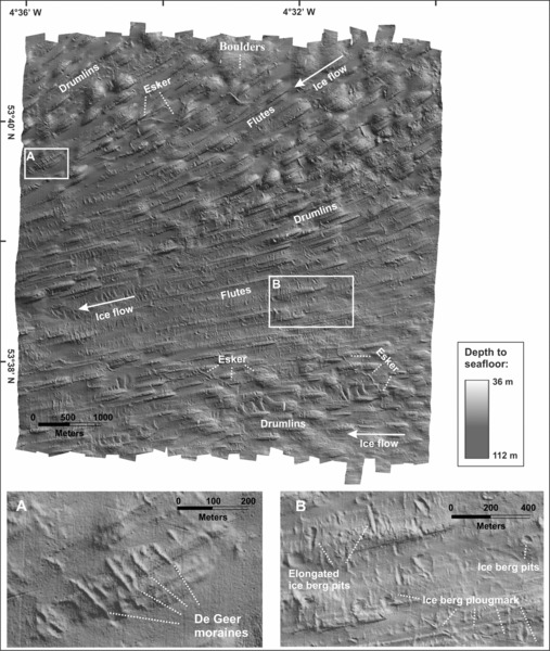 Image shows glacial features on Irish Sea shelf at northwest Wales over depth to seafloor scale ranging from 36 m to 112 m, where De Geer moraines is at Northeast region with Drumlins, Esker and ice berg pits is at southwest region with ice flow, Esker, Drumins, et cetera.