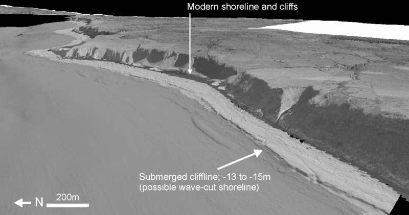 Image shows modern shoreline and cliffs along with submerged cliffline at -13 to -15 m, which is known as possible wave-cut shoreline in north coast of Ireland.