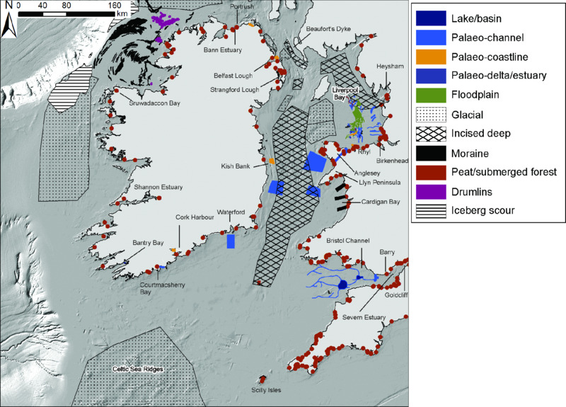 Map shows intertidal and submerged paleoenvironmental deposits like lake/basin at Cardigan Bay, Paleo-channel at Anglesey, floodplain at Liverpool bay, Peat/submerged forest at Severn Estury, et cetera.