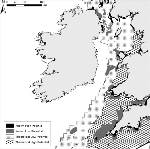 Map shows submerged landscape potential of Irish Sea, where known for high potential is at South and Northwest regions, known for low potential is at southwest and northwest, theoretically high potential covers southwest and northwest, et cetera.