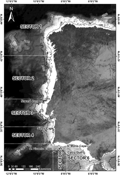 Image shows Iberian Atlantic margin divided into 6 sectors: northern margin, northwestern margin, western margin, western margin between Nazare canyon and Cape Sines, southern margin and Gulf of Cadiz.