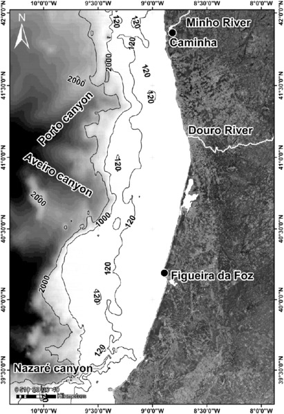 Image shows sector of Iberian Atlantic margin between Minho River and Nazare canyon with Aveiro canyon at east, Porto canyon at northeast, Figueira da Foz at southwest, et cetera.