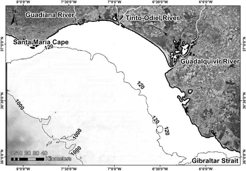 Image shows Gulf of Cadiz with main rivers which supply sediments, where Santa Maria Cape is at north region, Guadalquivir River is at west region, Gibraltar Strait is at southwest region, et cetera.