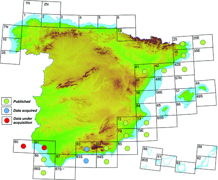 Map shows available latest sources of Spanish FOMAR for geological mapping where areas with published, data acquired and data under acquisition are marked in numbers.