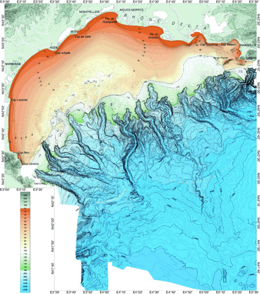 Map shows bathymetry of Golfe du Lion with both multibeam beyond shelf and single beam over continental shelf along with scale ranging from 1000 to 0 m and 0 m to 2500 m.