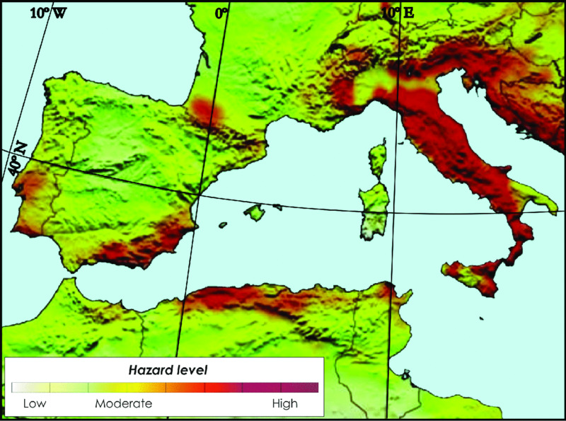 Map shows seismic hazard of Mediterranean region where hazard level is raging from low to moderate to high and high hazardous areas are found in borders of some regions and moderate regions are found in central region, north, et cetera.