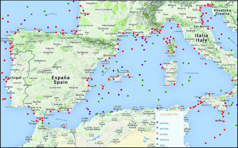 Map shows complete screenshot of distribution of moorings in north, south, east and west regions, driftings in south central and north central regions, gliders, profilers, and Argo floats.