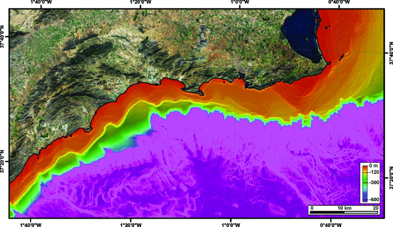 Image shows multibeam bathymetry of continental margin of southeast Spain over scale ranging from 0 m to 600 m.