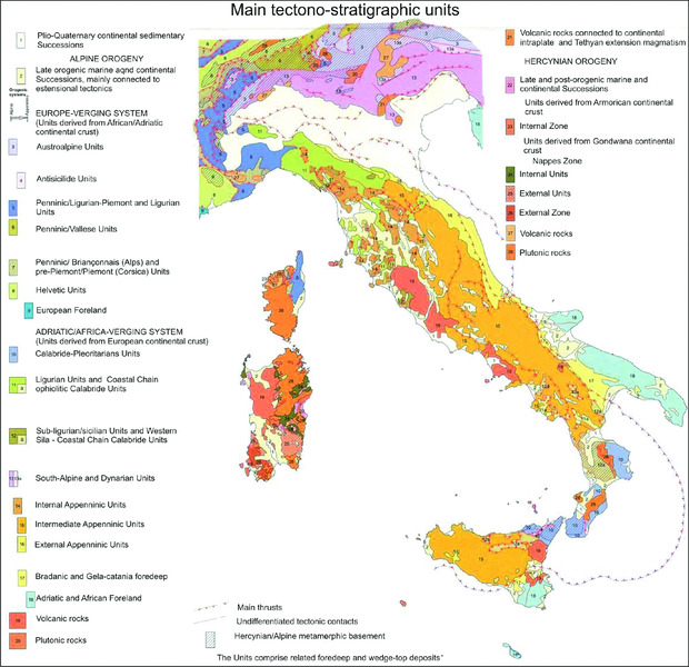 Map shows main tectono-stratigraphic units of Italy like Alpine Orogeny, Europe –verging system, Austroalpine units, Penninic/Vallese units, Adriatic/Africa-verging system, et cetera.