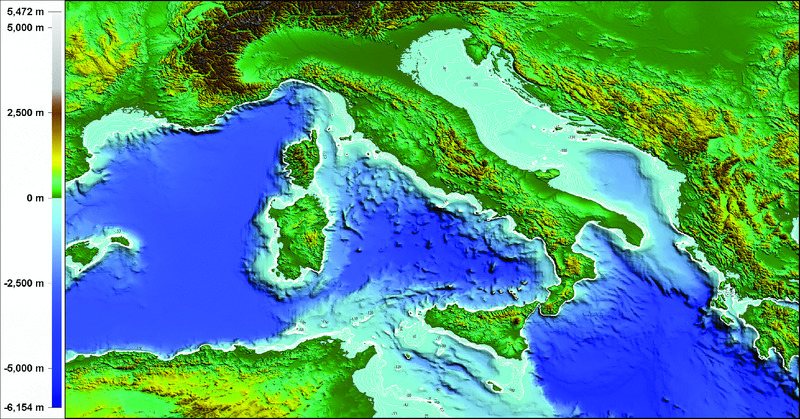 Map shows bathymetry data which are derived from GEBCO, where isobaths between -130m and -10 m are well defined in Adriatic Sea.