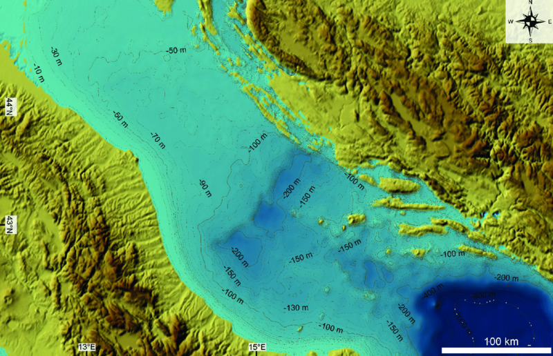 Map shows close-up view of central Adriatic Sea with bathymetry data derived from GEBCO, where flow is marked depending on its depth as -90m, -130m, -100m, -30m, et cetera.