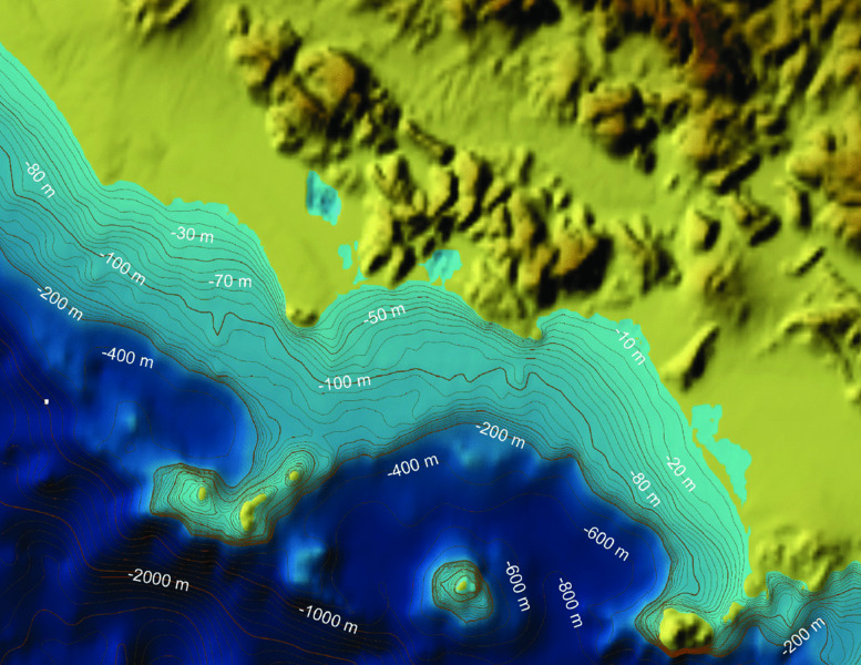 Map shows close-up view of Tyrrhenian Sea with bathymetry data derived from GEBCO, where flow is marked depending on its depth as -90m, -130m, -100m, -30m, et cetera.