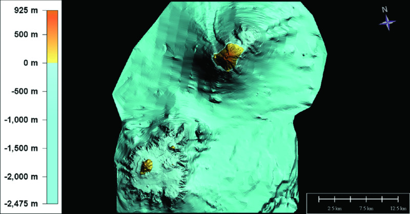 Image shows DTM of Panarea and Stromboli volcanoes, where grid size of DTM of both are 2.5 m and 5 m, respectively.