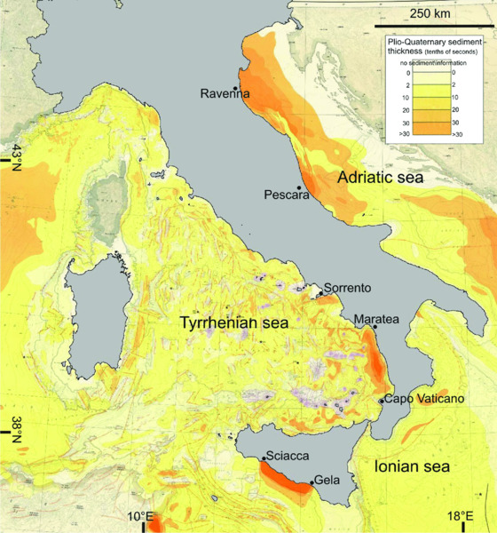 Map shows Plio-quaternary sediment thickness around Italian coasts with scale ranging from 0 to >30, where Adriatic sea borders have Pescara, Ravenna, Sorrento, Maratea, et cetera.