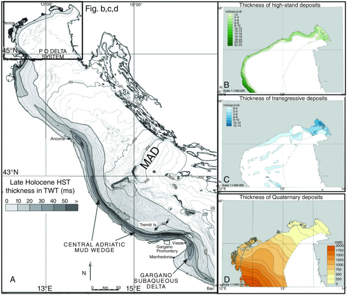 Maps show thickness and depocenter distribution of late Holocene and also thickness of high-stand deposits, transgressive deposits, and Quaternary deposits.