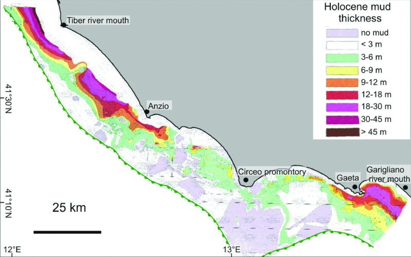 Map shows Holocene sediment thickness in southern Latium shelf, where thickness in Tiber river mouth is ranging from <3m to >45m and in Gaeto is ranging from <3m to 30–45m.