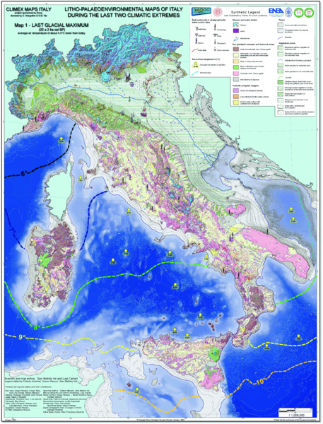 Image shows Litho-paleoenvironmental maps of Italy during last 2 climate extremes, map 1 has synthetic legend factors like vertebrates, Ostracods, diatoms, active faults, stratigraphy, et cetera.